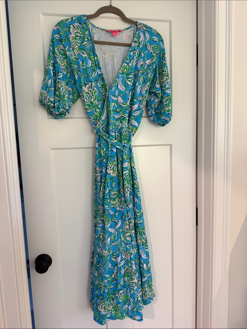 Lilly Pulitzer Blue and Green Floral Wrap Maxi Dress